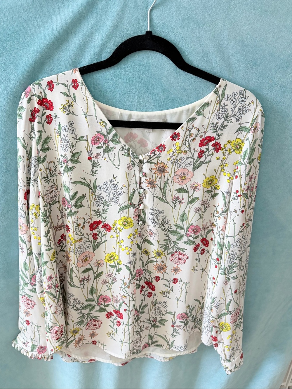 LOFT White Floral V-Neck Blouse with Pink Red Yellow Green Print